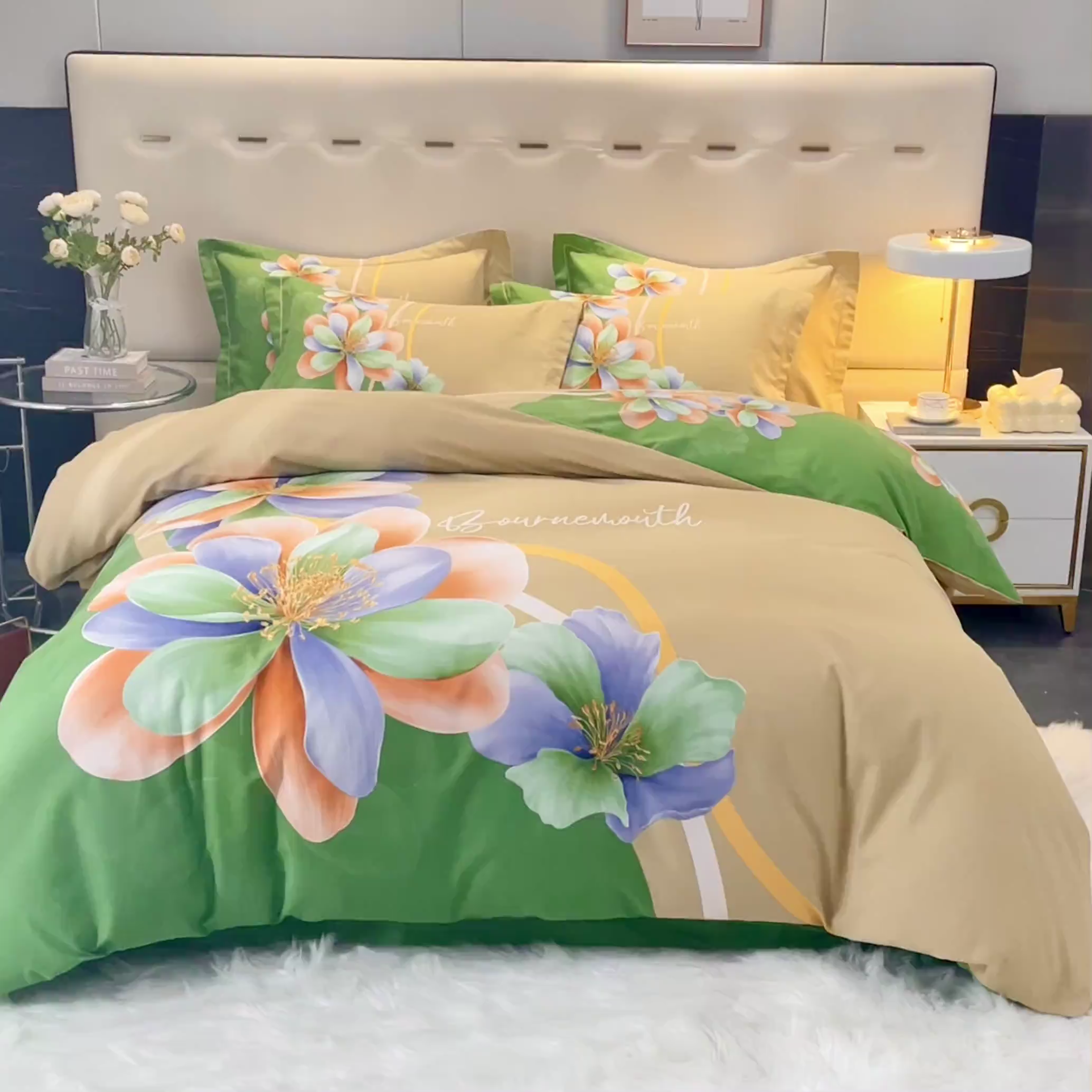 91家纺网 家纺一手货源 找家纺 启航家居 2025新款全棉纯棉磨毛大版印花四件套 佳偶天成绿