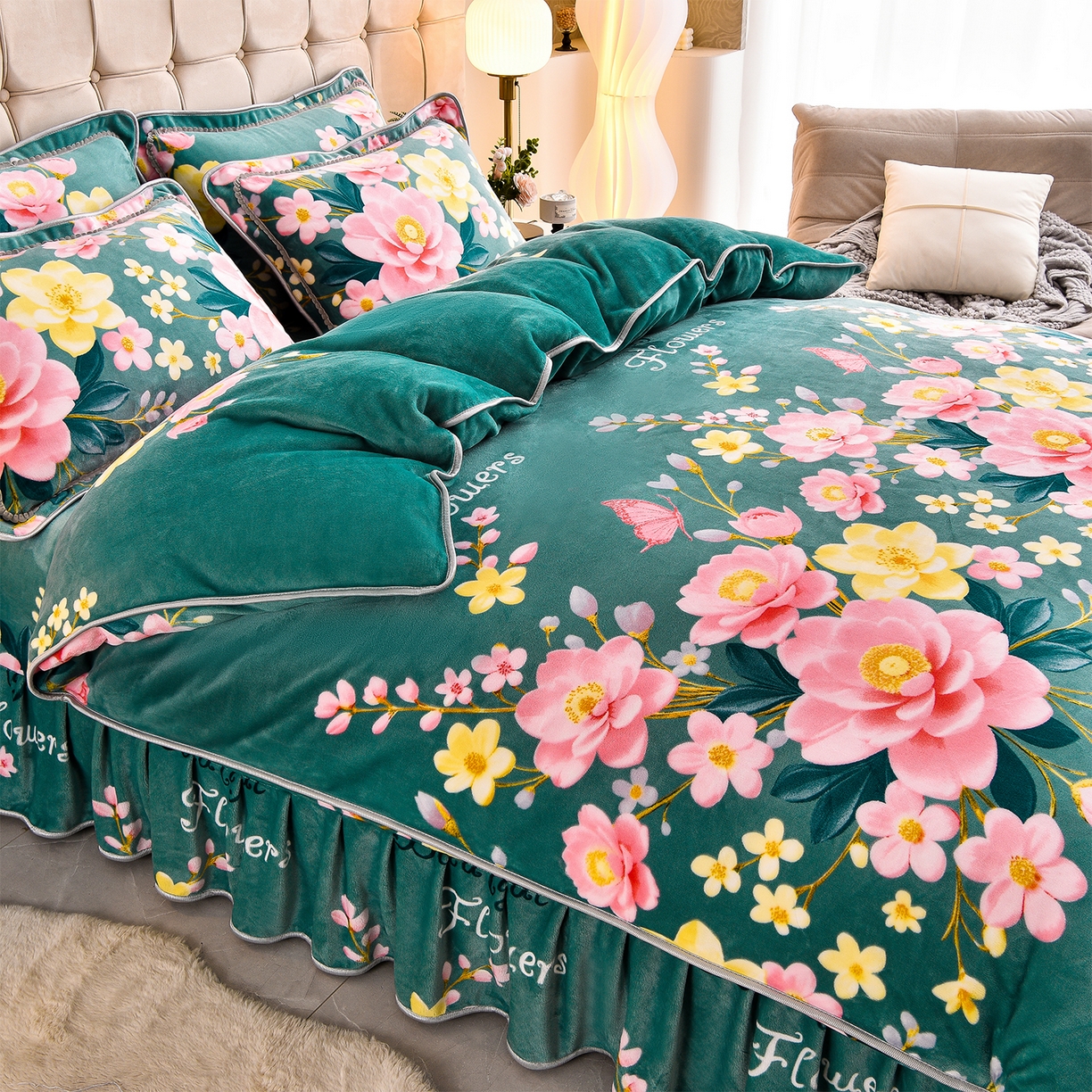 91家纺网 家纺一手货源 找家纺 博兰蒂 2025新款床裙款高克重牛奶绒印花单被套 花开富贵