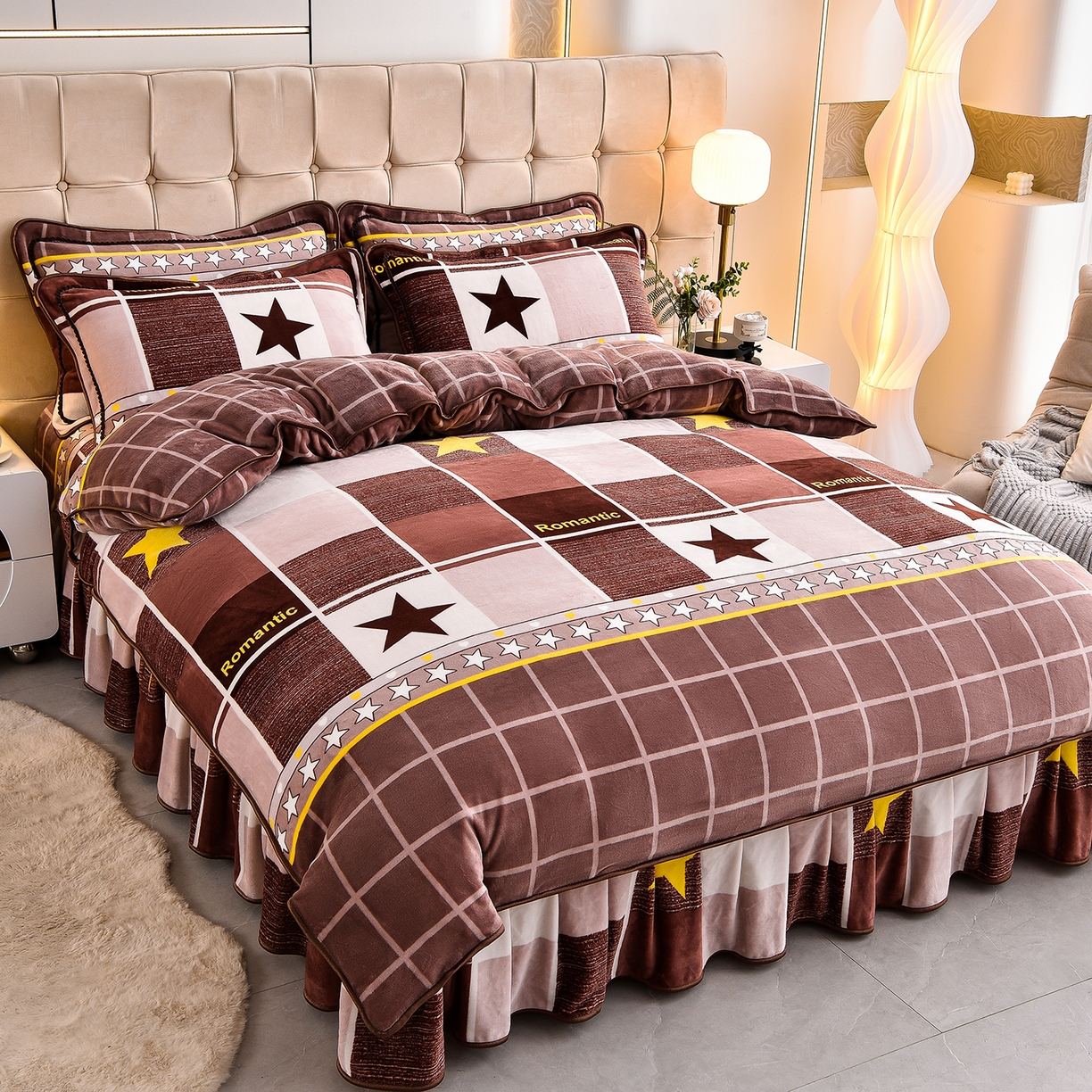 91家纺网 家纺一手货源 找家纺 博兰蒂 2025新款床裙款高克重牛奶绒印花单被套 浪漫之星