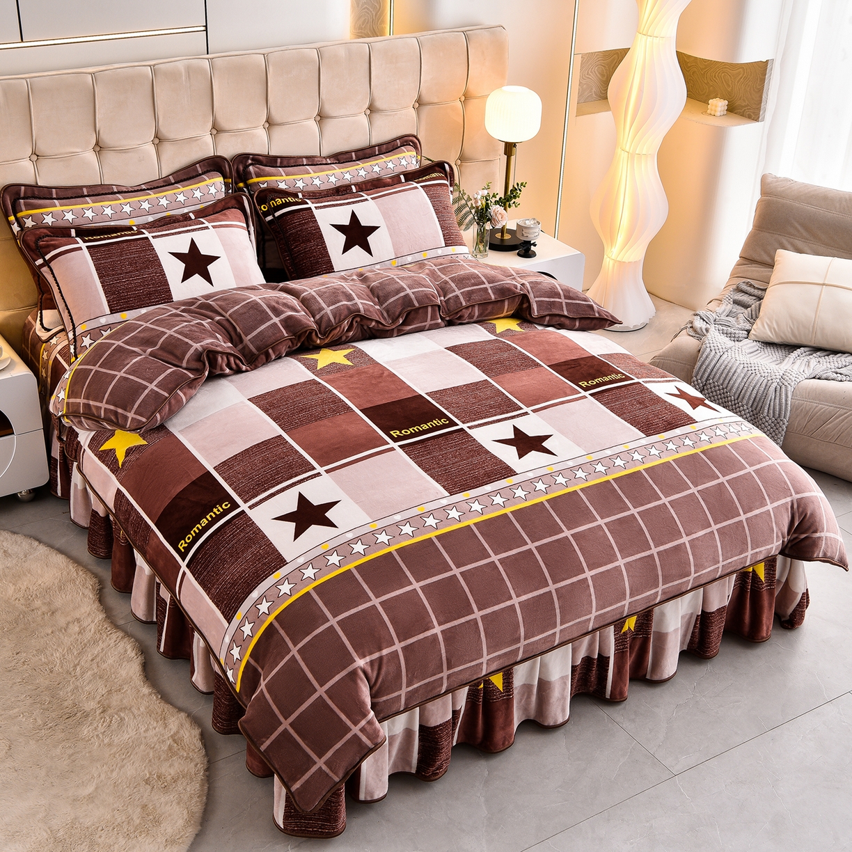 91家纺网 家纺一手货源 找家纺 博兰蒂 2025新款床裙款高克重牛奶绒印花单被套 浪漫之星