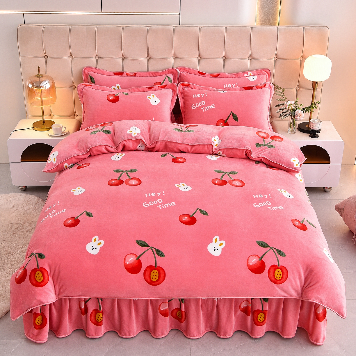 博兰蒂 2025新款床裙款高克重牛奶绒印花单被套 樱桃小兔