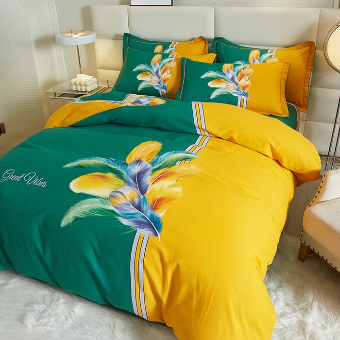 启航家居 2025新款全棉纯棉磨毛大版印花四件套 飘羽绿