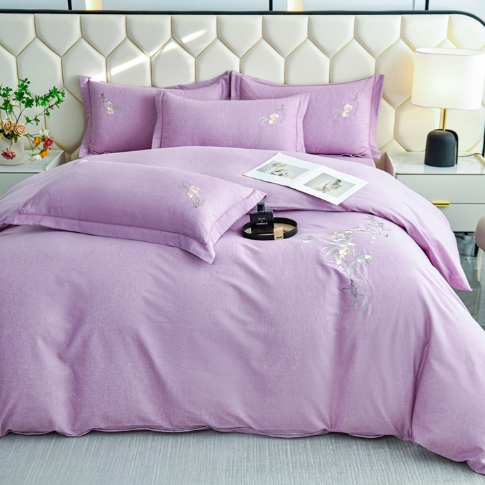 91家纺网 家纺一手货源 找家纺 U品汇 2025新品长绒棉加厚全棉纯棉磨毛刺绣花四件套生态磨毛套件 扶摇-淡雅紫