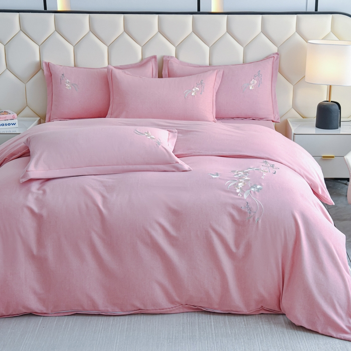 91家纺网 家纺一手货源 找家纺 U品汇 2025新品长绒棉加厚全棉纯棉磨毛刺绣花四件套生态磨毛套件 扶摇-红豆沙