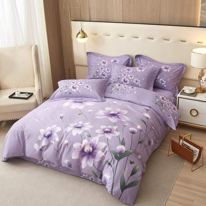 启航家居 2025新款全棉纯棉磨毛大版印花四件套 清韵花枝紫