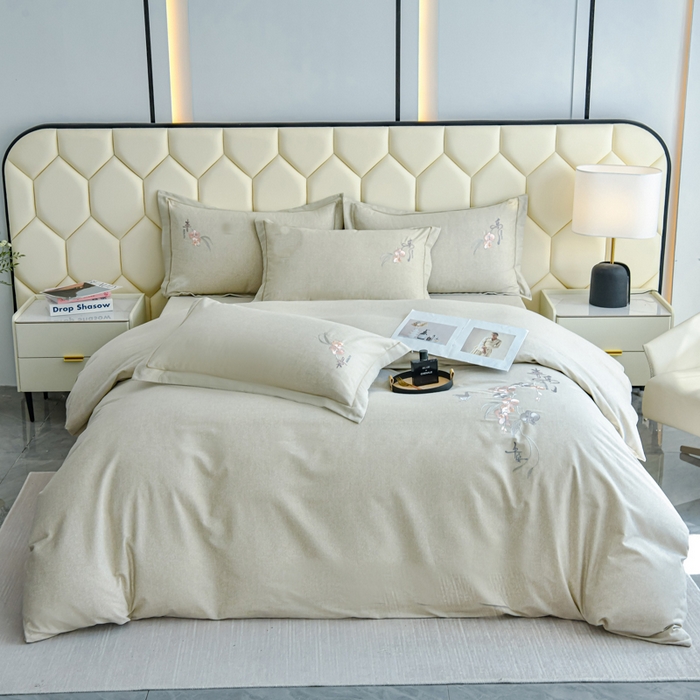 U品汇 2025新品长绒棉加厚全棉纯棉磨毛刺绣花四件套生态磨毛套件 扶摇-灰咖