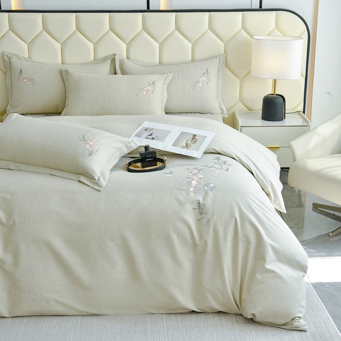 91家纺网 家纺一手货源 找家纺 U品汇 2025新品长绒棉加厚全棉纯棉磨毛刺绣花四件套生态磨毛套件 扶摇-灰咖