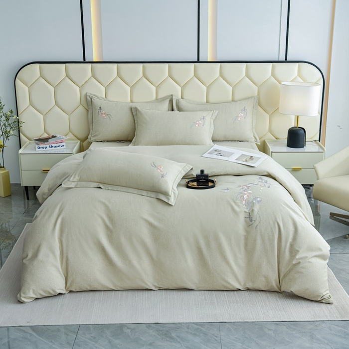 91家纺网 家纺一手货源 找家纺 U品汇 2025新品长绒棉加厚全棉纯棉磨毛刺绣花四件套生态磨毛套件 扶摇-灰咖