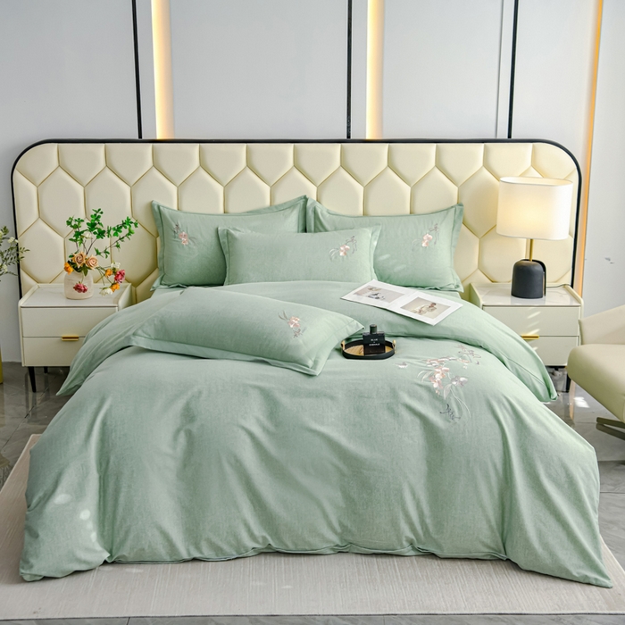 U品汇 2025新品长绒棉加厚全棉纯棉磨毛刺绣花四件套生态磨毛套件 扶摇-浅灰绿