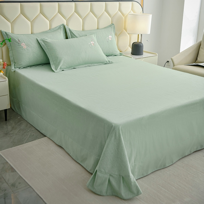 91家纺网 家纺一手货源 找家纺 U品汇 2025新品长绒棉加厚全棉纯棉磨毛刺绣花四件套生态磨毛套件 扶摇-浅灰绿