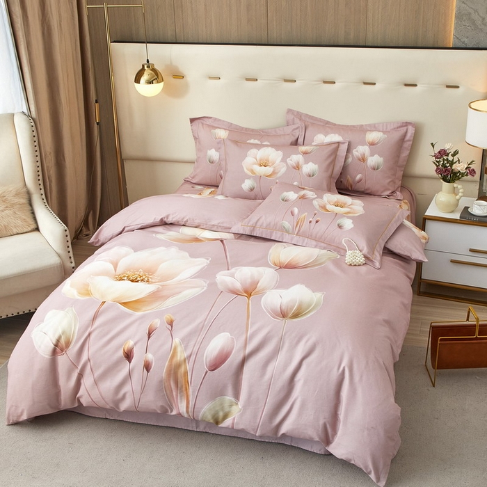 启航家居 2025新款全棉纯棉磨毛大版印花四件套 柔情蜜意粉