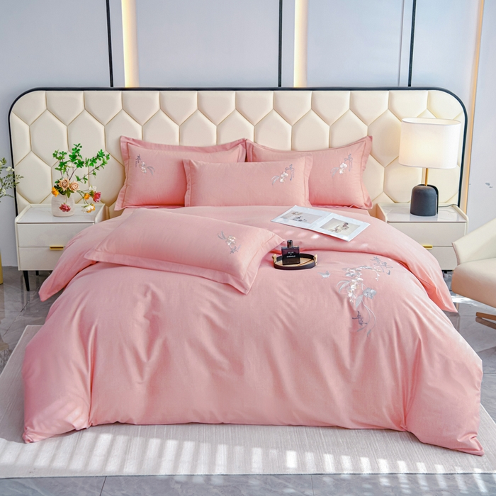 U品汇 2025新品长绒棉加厚全棉纯棉磨毛刺绣花四件套生态磨毛套件 扶摇-糖粉