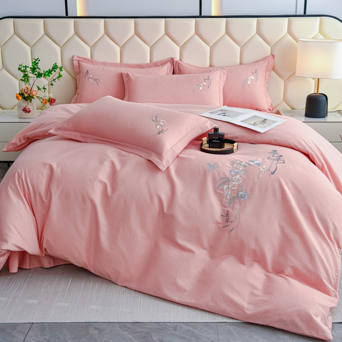 91家纺网 家纺一手货源 找家纺 U品汇 2025新品长绒棉加厚全棉纯棉磨毛刺绣花四件套生态磨毛套件 扶摇-糖粉