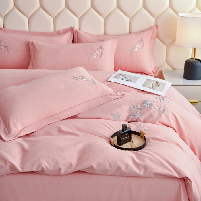 91家纺网 家纺一手货源 找家纺 U品汇 2025新品长绒棉加厚全棉纯棉磨毛刺绣花四件套生态磨毛套件 扶摇-糖粉