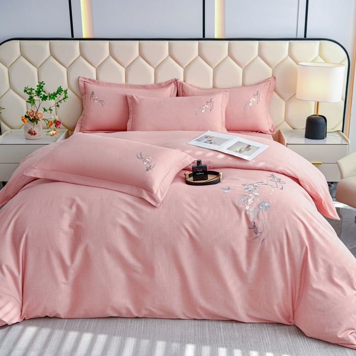 91家纺网 家纺一手货源 找家纺 U品汇 2025新品长绒棉加厚全棉纯棉磨毛刺绣花四件套生态磨毛套件 扶摇-糖粉