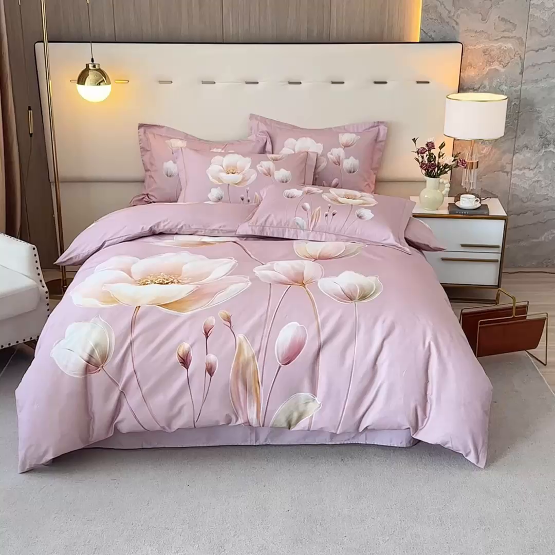 91家纺网 家纺一手货源 找家纺 启航家居 2025新款全棉纯棉磨毛大版印花四件套 柔情蜜意粉