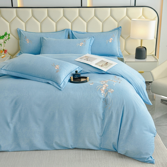 91家纺网 家纺一手货源 找家纺 U品汇 2025新品长绒棉加厚全棉纯棉磨毛刺绣花四件套生态磨毛套件 扶摇-星空蓝