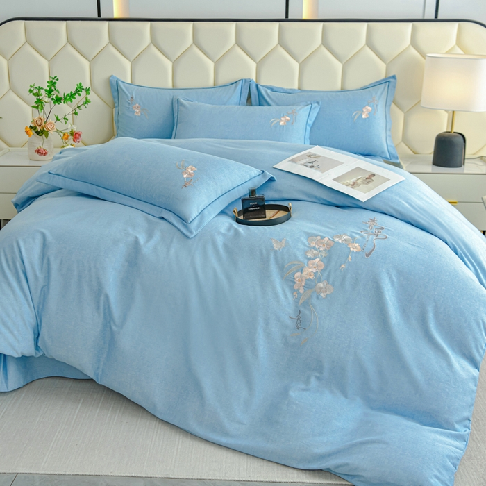 91家纺网 家纺一手货源 找家纺 U品汇 2025新品长绒棉加厚全棉纯棉磨毛刺绣花四件套生态磨毛套件 扶摇-星空蓝