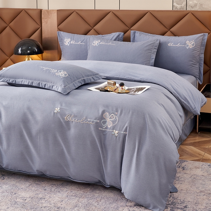 91家纺网 家纺一手货源 找家纺 U品汇 2025新品长绒棉加厚全棉纯棉磨毛刺绣花四件套生态磨毛套件 花季奇缘-宾利灰