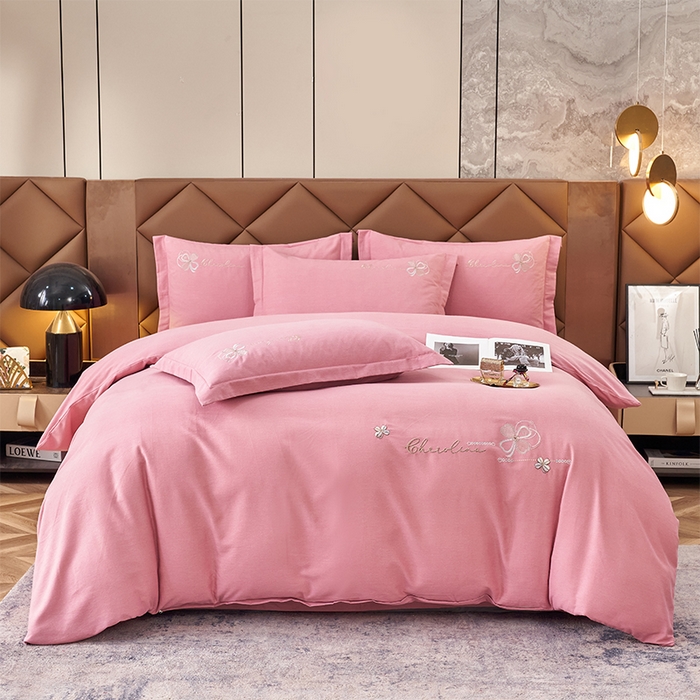 U品汇 2025新品长绒棉加厚全棉纯棉磨毛刺绣花四件套生态磨毛套件 花季奇缘-香妃粉