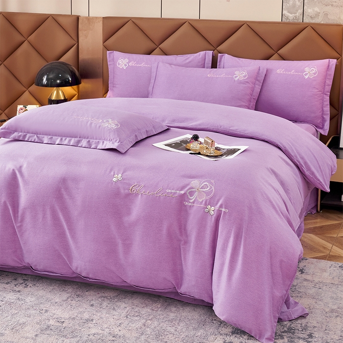 91家纺网 家纺一手货源 找家纺 U品汇 2025新品长绒棉加厚全棉纯棉磨毛刺绣花四件套生态磨毛套件 花季奇缘-星空紫