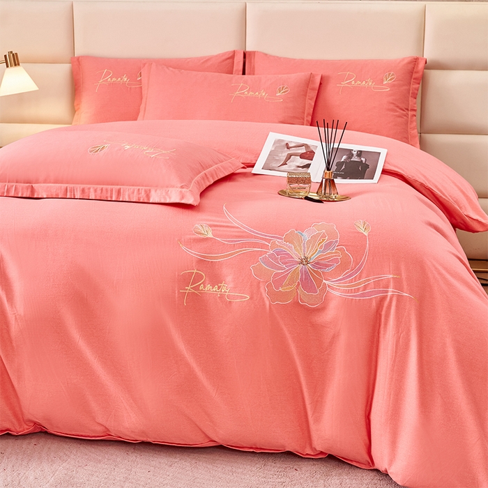 91家纺网 家纺一手货源 找家纺 U品汇 2025新品长绒棉加厚全棉纯棉磨毛刺绣花四件套生态磨毛套件 浪漫花语-砖红