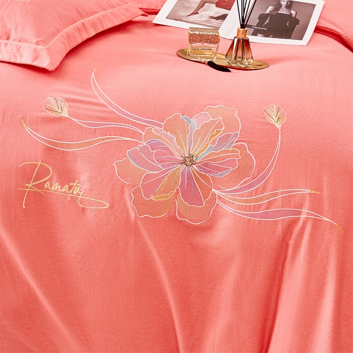 91家纺网 家纺一手货源 找家纺 U品汇 2025新品长绒棉加厚全棉纯棉磨毛刺绣花四件套生态磨毛套件 浪漫花语-砖红