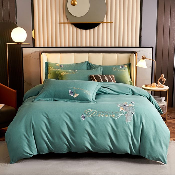 U品汇 2025新品长绒棉加厚全棉纯棉磨毛刺绣花四件套生态磨毛套件 私情叶语-清浅绿