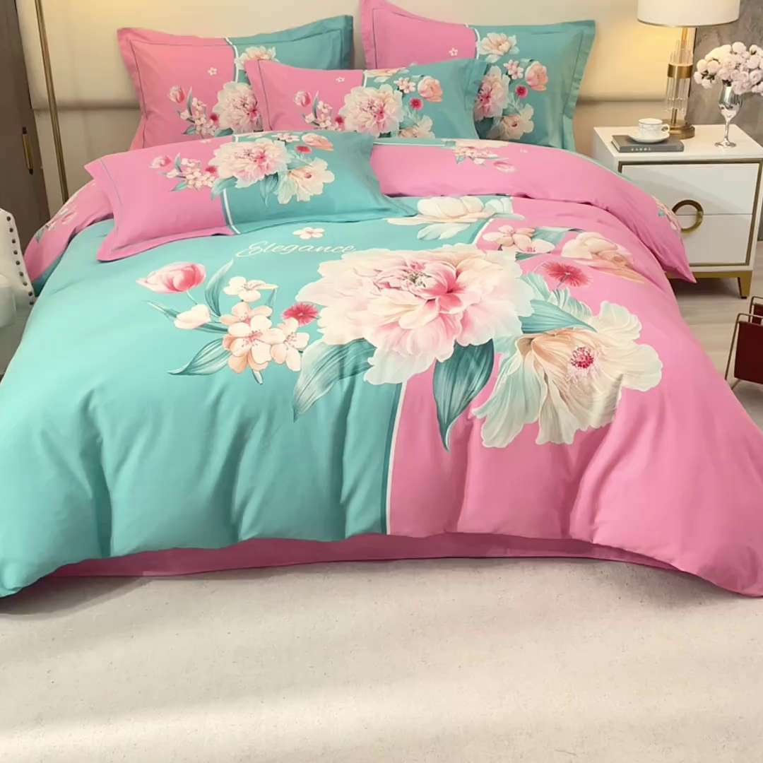 91家纺网 家纺一手货源 找家纺 启航家居 2025新款全棉纯棉磨毛大版印花四件套 午后初晴兰