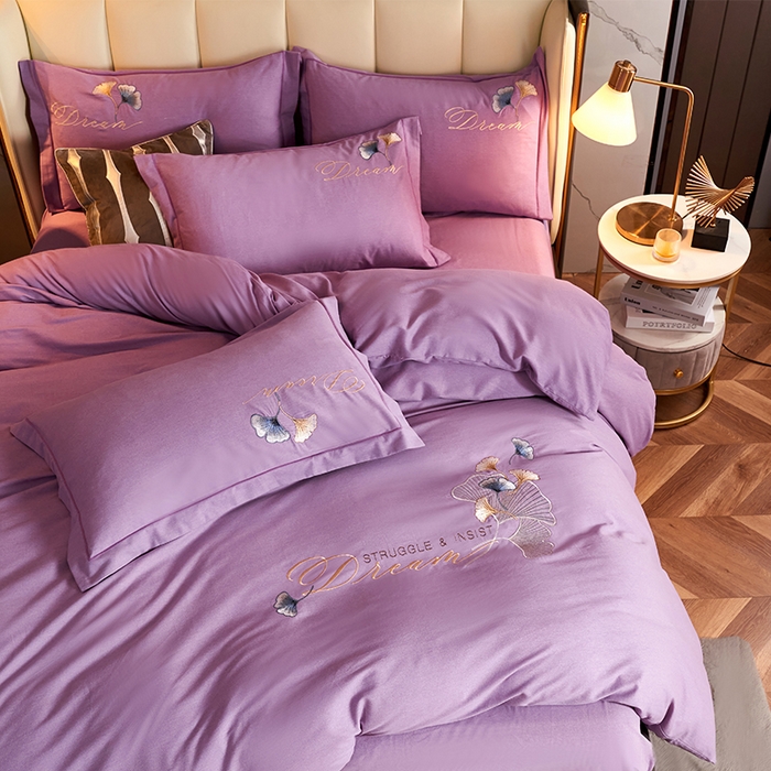 91家纺网 家纺一手货源 找家纺 U品汇 2025新品长绒棉加厚全棉纯棉磨毛刺绣花四件套生态磨毛套件 私情叶语-星空紫