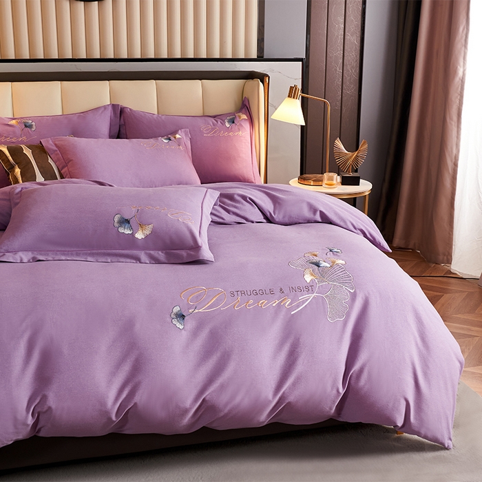 91家纺网 家纺一手货源 找家纺 U品汇 2025新品长绒棉加厚全棉纯棉磨毛刺绣花四件套生态磨毛套件 私情叶语-星空紫