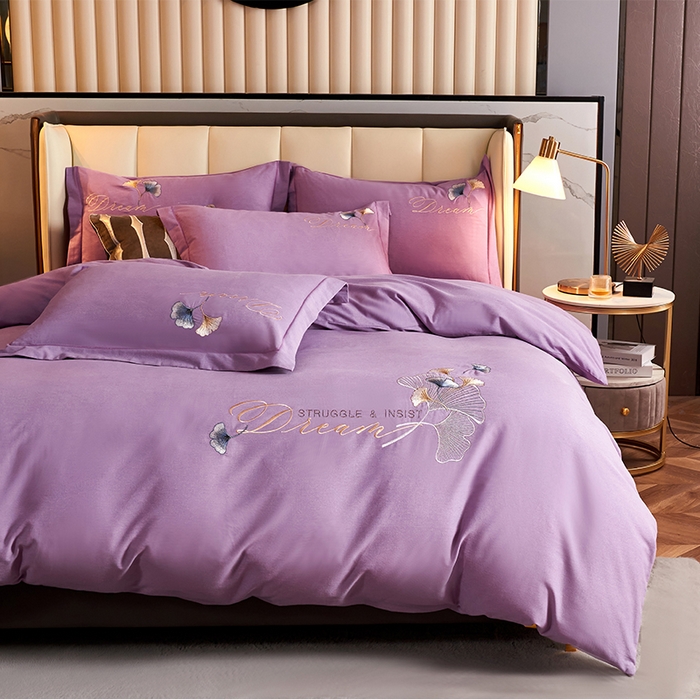 91家纺网 家纺一手货源 找家纺 U品汇 2025新品长绒棉加厚全棉纯棉磨毛刺绣花四件套生态磨毛套件 私情叶语-星空紫