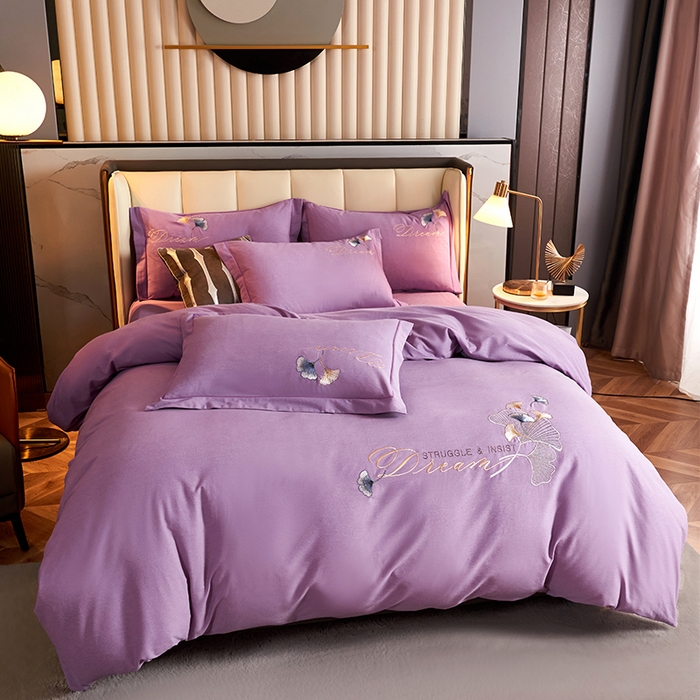 91家纺网 家纺一手货源 找家纺 U品汇 2025新品长绒棉加厚全棉纯棉磨毛刺绣花四件套生态磨毛套件 私情叶语-星空紫