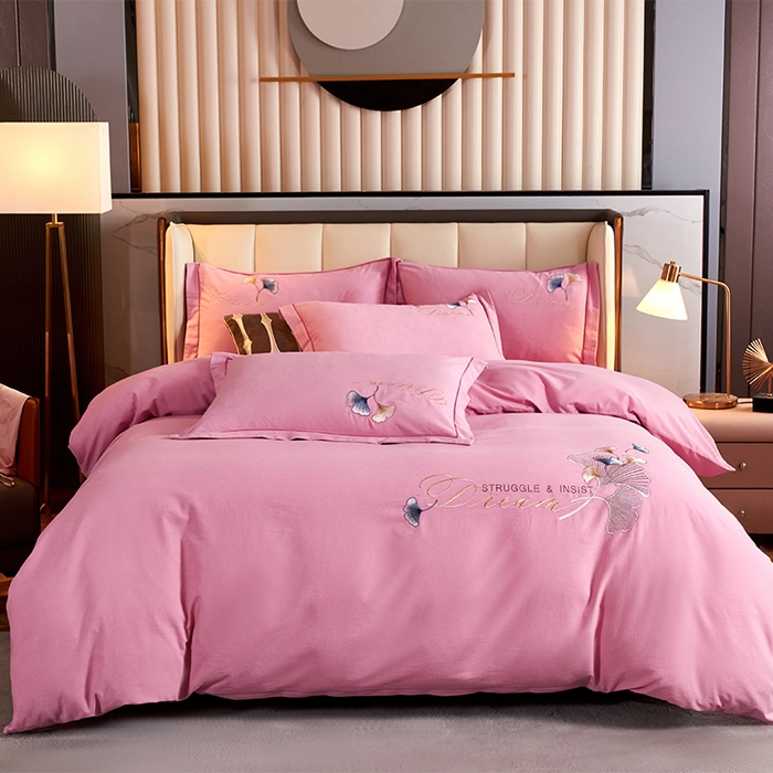 U品汇 2025新品长绒棉加厚全棉纯棉磨毛刺绣花四件套生态磨毛套件 私情叶语-樱花粉