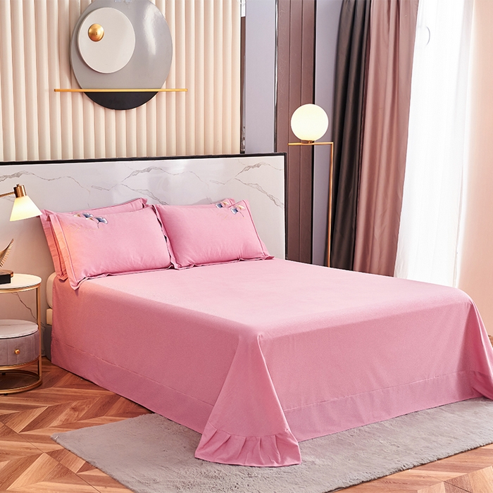 91家纺网 家纺一手货源 找家纺 U品汇 2025新品长绒棉加厚全棉纯棉磨毛刺绣花四件套生态磨毛套件 私情叶语-樱花粉