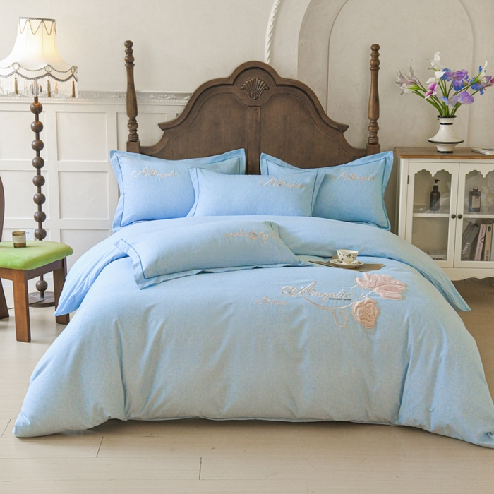 U品汇 2025新品长绒棉加厚全棉纯棉磨毛立体刺绣花四件套生态磨毛加绒（玫瑰物语） 玫瑰物语-星空蓝