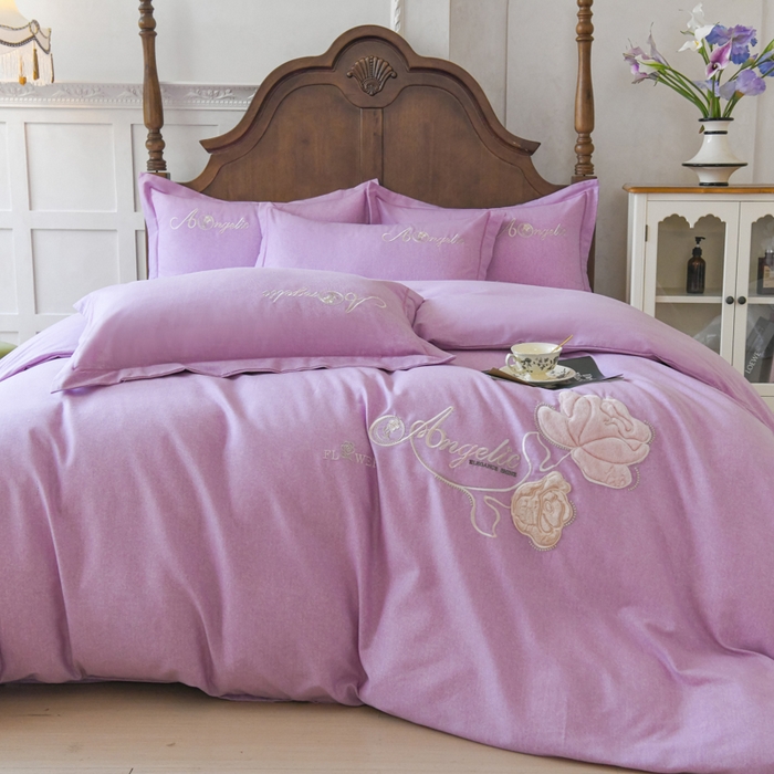 91家纺网 家纺一手货源 找家纺 U品汇 2025新品长绒棉加厚全棉纯棉磨毛立体刺绣花四件套生态磨毛加绒（玫瑰物语） 玫瑰物语-淡雅紫