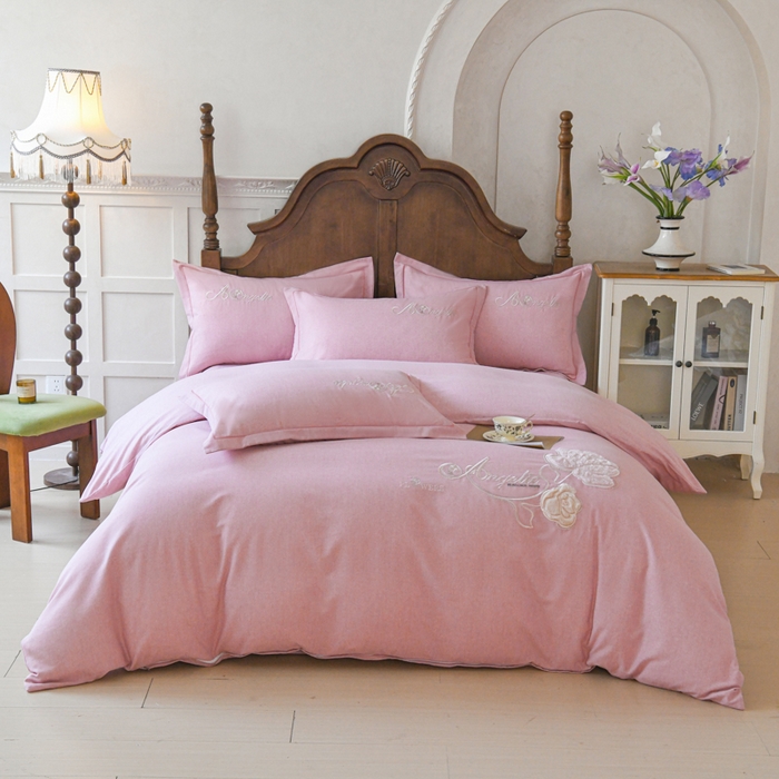 U品汇 2025新品长绒棉加厚全棉纯棉磨毛立体刺绣花四件套生态磨毛加绒（玫瑰物语） 玫瑰物语-红豆沙