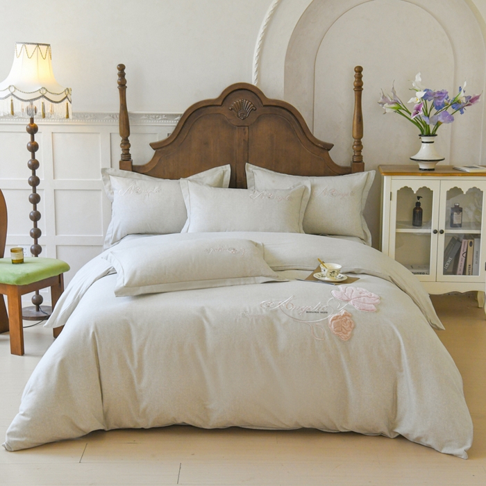 U品汇 2025新品长绒棉加厚全棉纯棉磨毛立体刺绣花四件套生态磨毛加绒（玫瑰物语） 玫瑰物语-灰咖