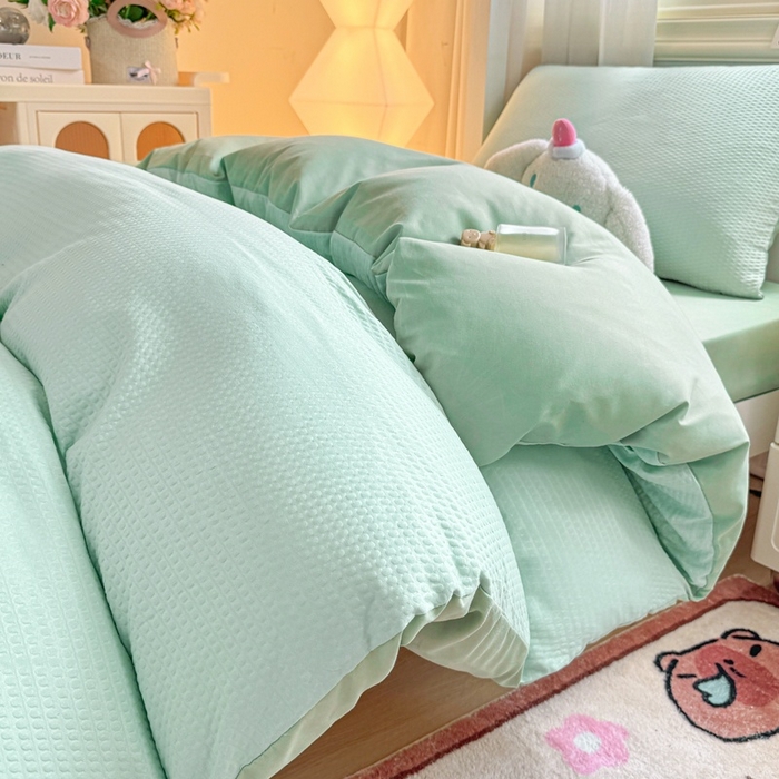 91家纺网 家纺一手货源 找家纺 麒东家纺 2025新款圆豆纱华夫格学生三件套 绿色