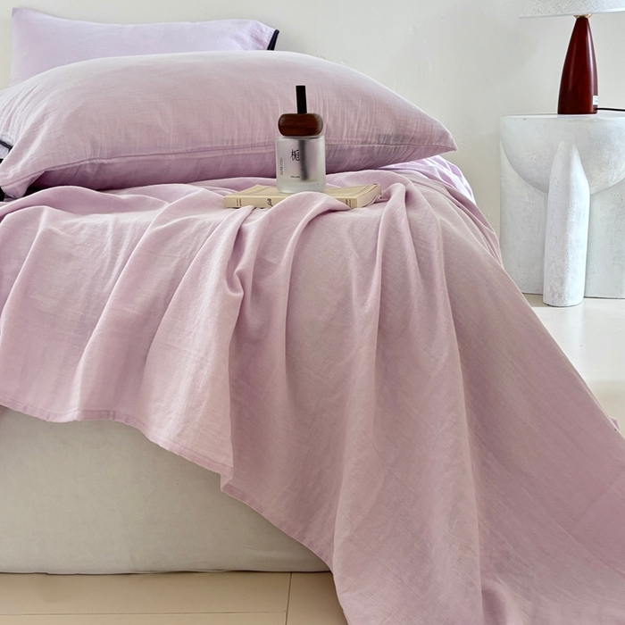 91家纺网 家纺一手货源 找家纺 FORTWO家纺原创设计（FOR TWO家纺） 2025新款双层纱撞色包边蝴蝶结款四件套-海盐 海盐-樱落紫