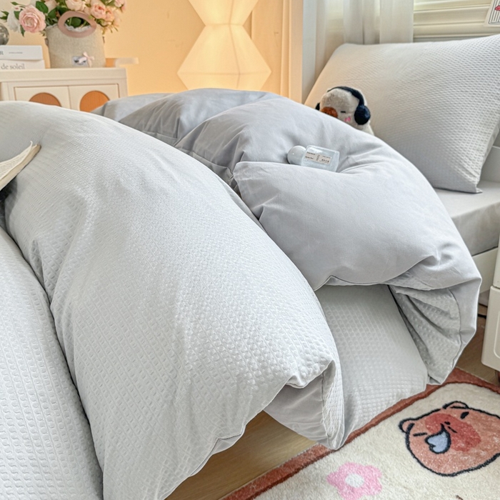 91家纺网 家纺一手货源 找家纺 麒东家纺 2025新款圆豆纱华夫格学生三件套 灰色