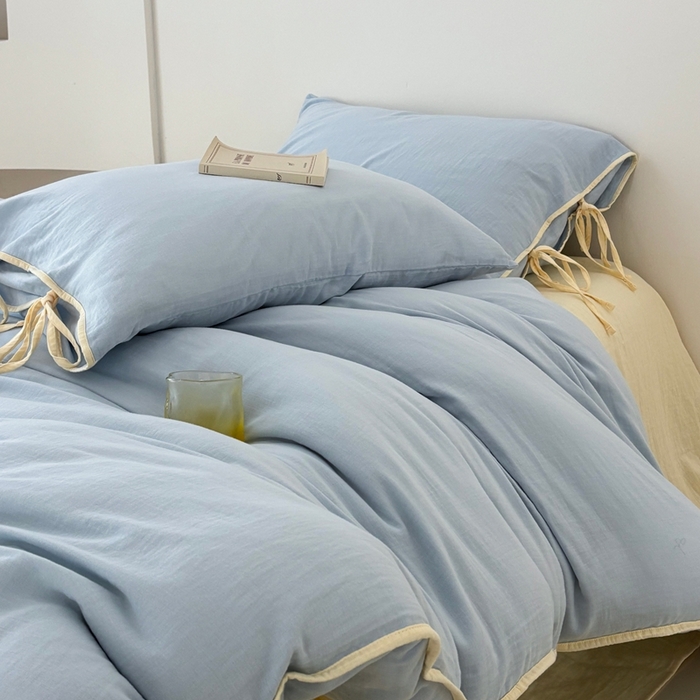 91家纺网 家纺一手货源 找家纺 （总）FORTWO家纺原创设计（FOR TWO家纺） 2025新款双层纱撞色包边蝴蝶结款四件套-海盐