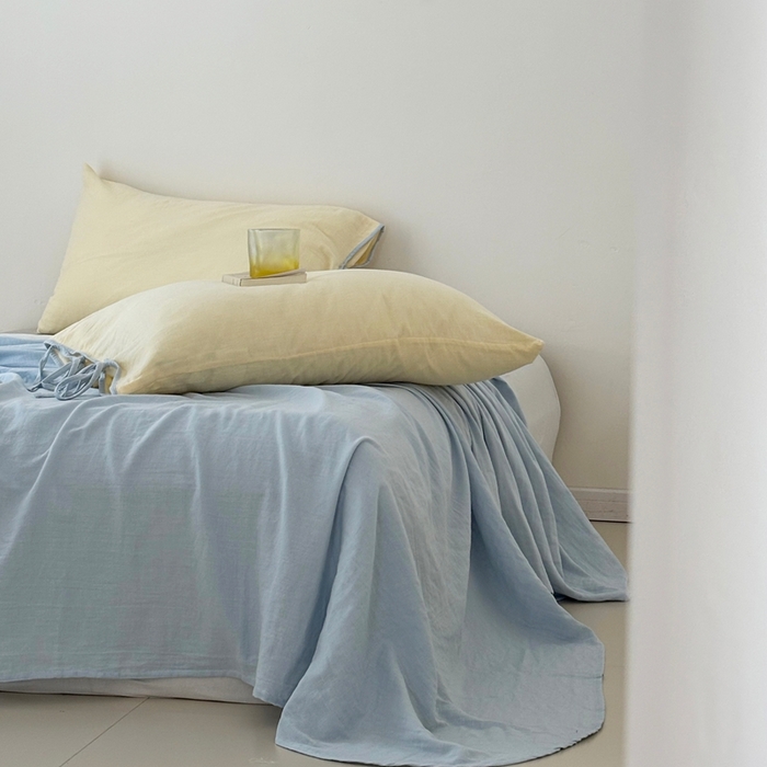 91家纺网 家纺一手货源 找家纺 FORTWO家纺原创设计（FOR TWO家纺） 2025新款双层纱撞色包边蝴蝶结款四件套-海盐 海盐-香草黄