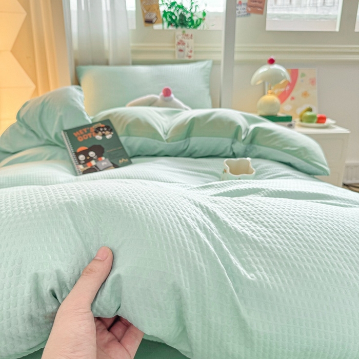 91家纺网 家纺一手货源 找家纺 麒东家纺 2025新款圆豆纱华夫格学生三件套 绿色