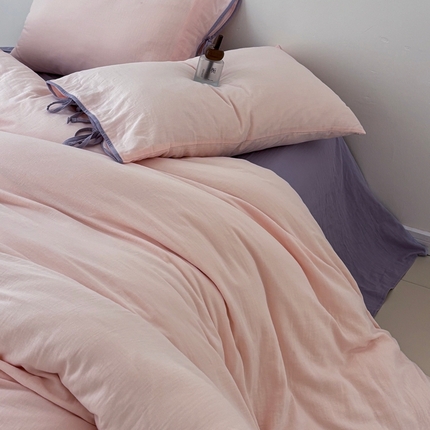 91家纺网 家纺一手货源 找家纺 （总）FORTWO家纺原创设计（FOR TWO家纺） 2025新款双层纱撞色包边蝴蝶结款四件套-海盐