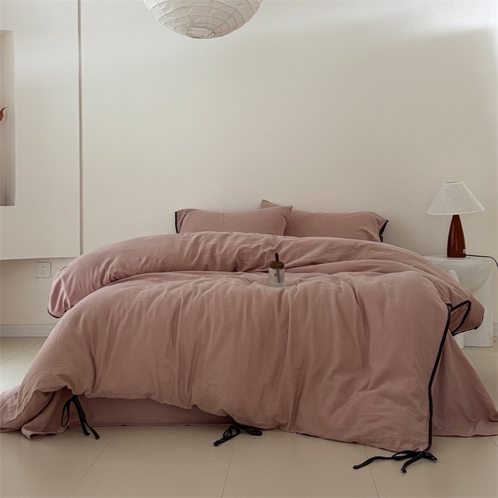 91家纺网 家纺一手货源 找家纺 FORTWO家纺原创设计（FOR TWO家纺） 2025新款双层纱撞色包边蝴蝶结款四件套-海盐 海盐-红茶