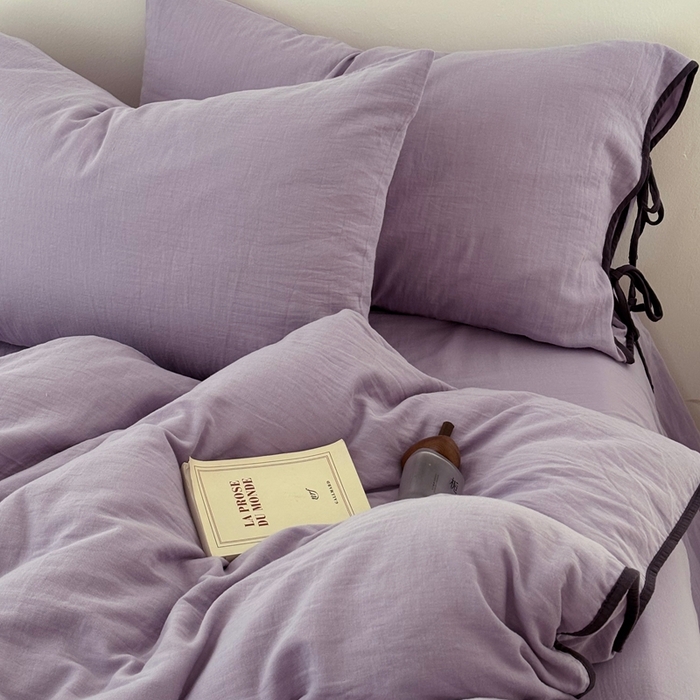 91家纺网 家纺一手货源 找家纺 FORTWO家纺原创设计（FOR TWO家纺） 2025新款双层纱撞色包边蝴蝶结款四件套-海盐 海盐-木槿紫