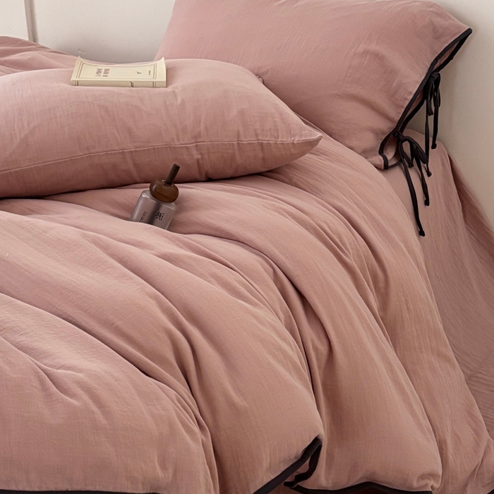 91家纺网 家纺一手货源 找家纺 FORTWO家纺原创设计（FOR TWO家纺） 2025新款双层纱撞色包边蝴蝶结款四件套-海盐 海盐-红茶