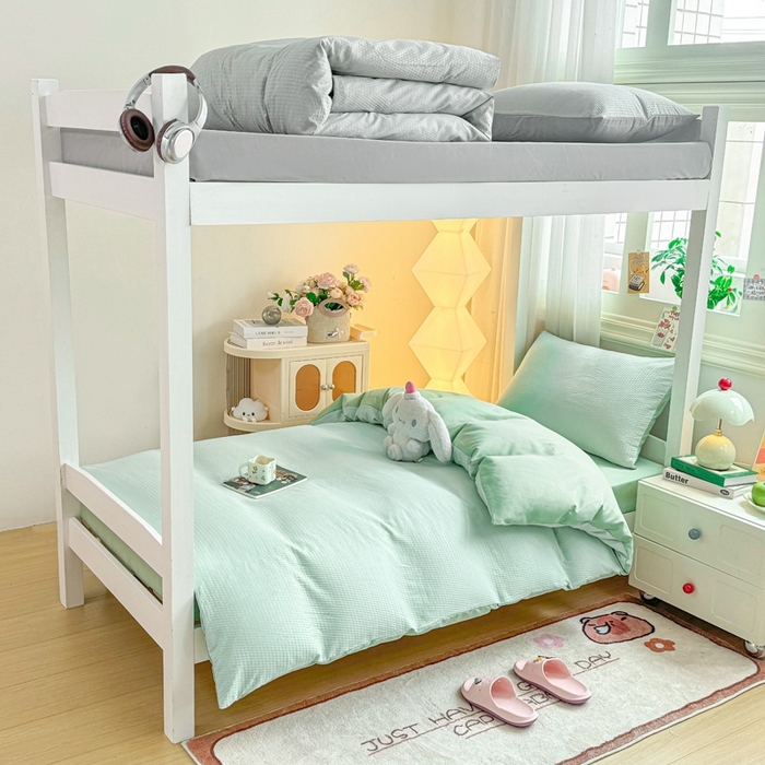 91家纺网 家纺一手货源 找家纺 麒东家纺 2025新款圆豆纱华夫格学生三件套 绿色